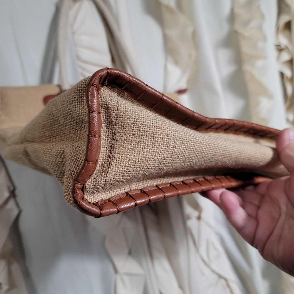 Tory Burch Stripe Shopper Natural/Red Volcano Burlap Tote *RARE* - Picture 4 of 13